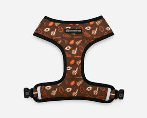 Dog harness with 'GAMEDAY' pattern on a white background