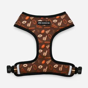 Dog harness with 'GAMEDAY' pattern on a white background